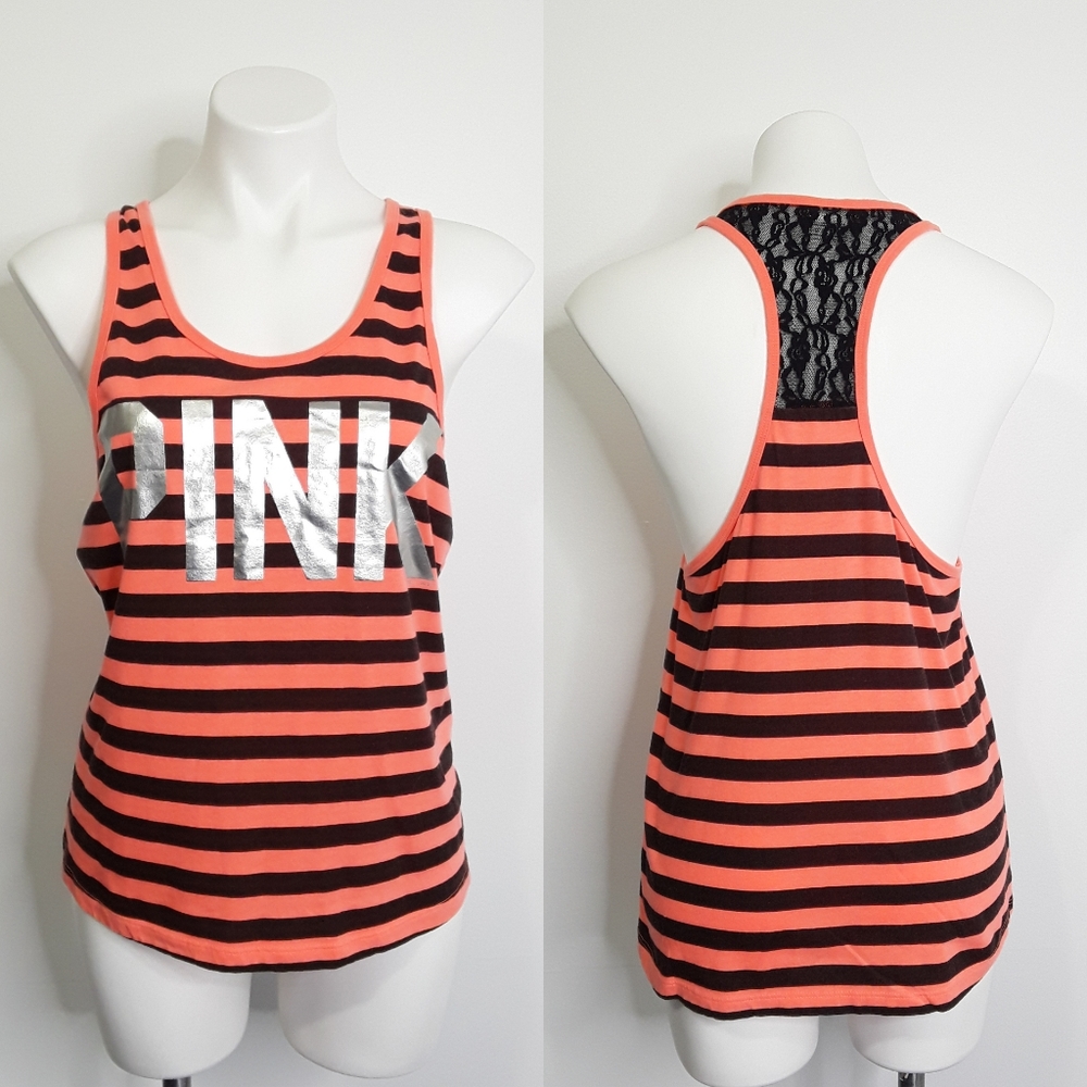 VS PINK STRIPED Bold LOGO Lace Back TANK EUC sz XS